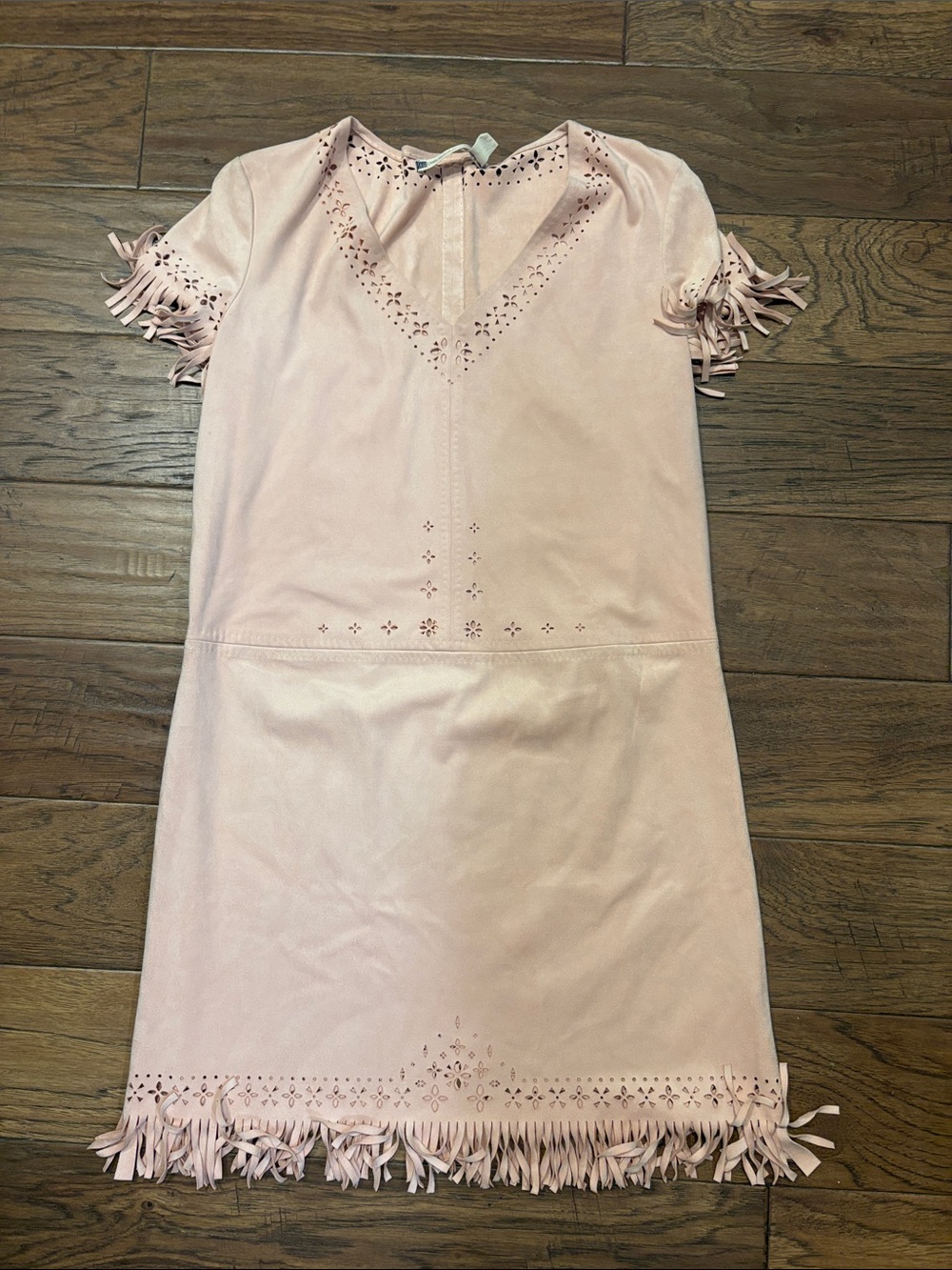 Chelsea and Violet Vegan Suede Pink Fringe Shift Dress